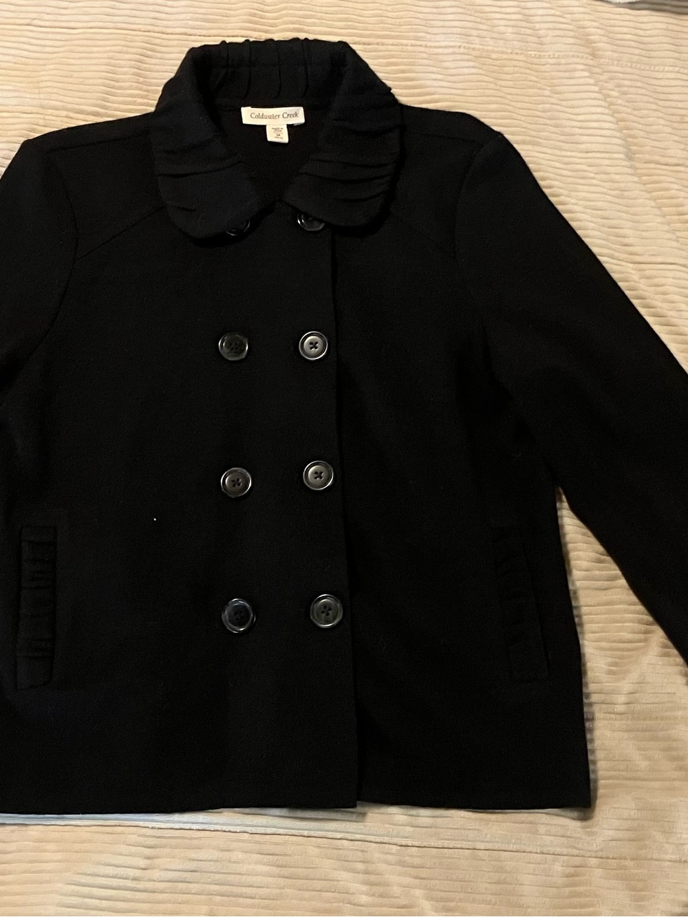 Coldwater Creek Black Double-Breasted Pea Coat with Ruffled Collar